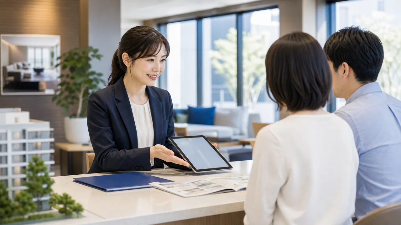 不動産ショールームで接客準備をする様子
