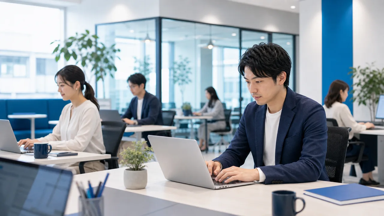 SaaS企業のオフィスで担当者がノートPCを確認する様子