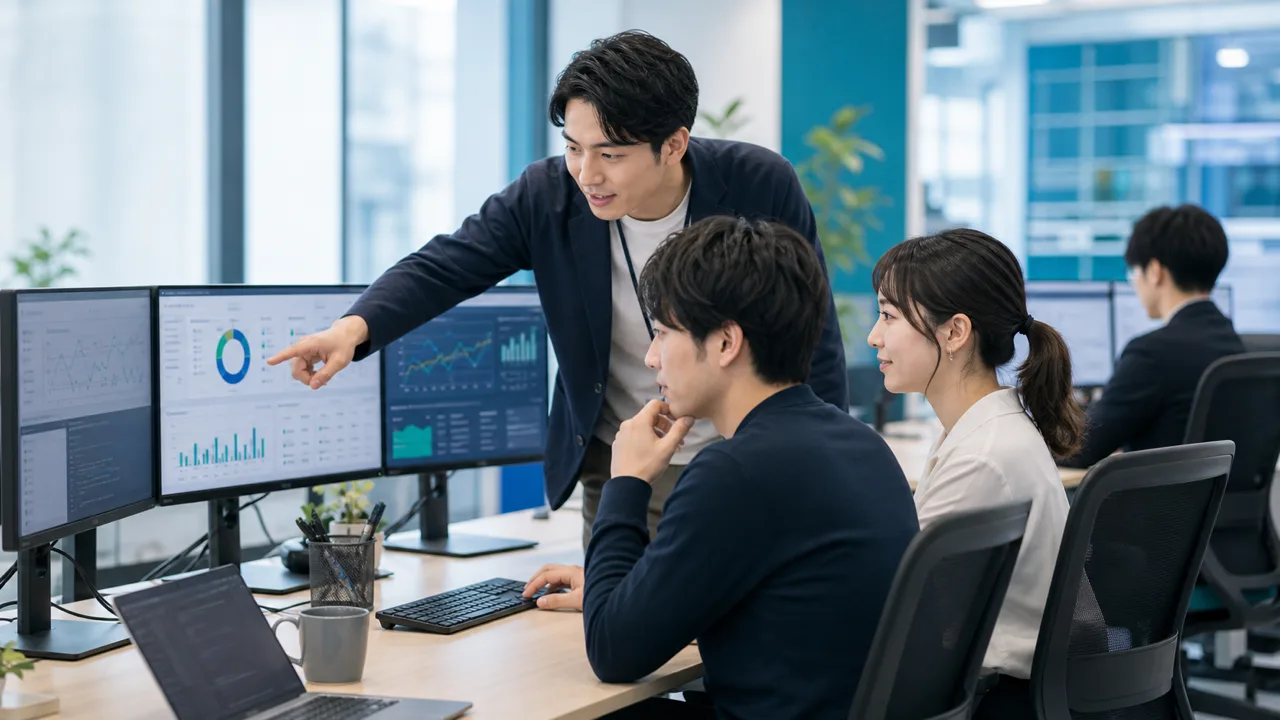 業務システム企業のチームがダッシュボードを確認する様子