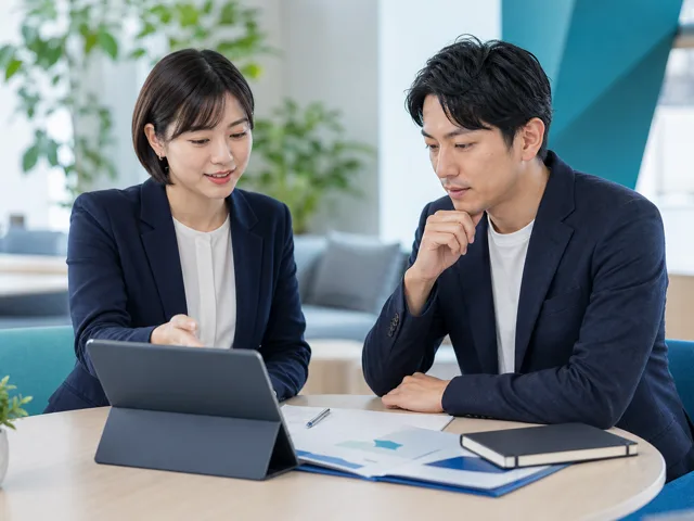 採用やパートナー面談で担当者が資料を見ながら説明する様子
