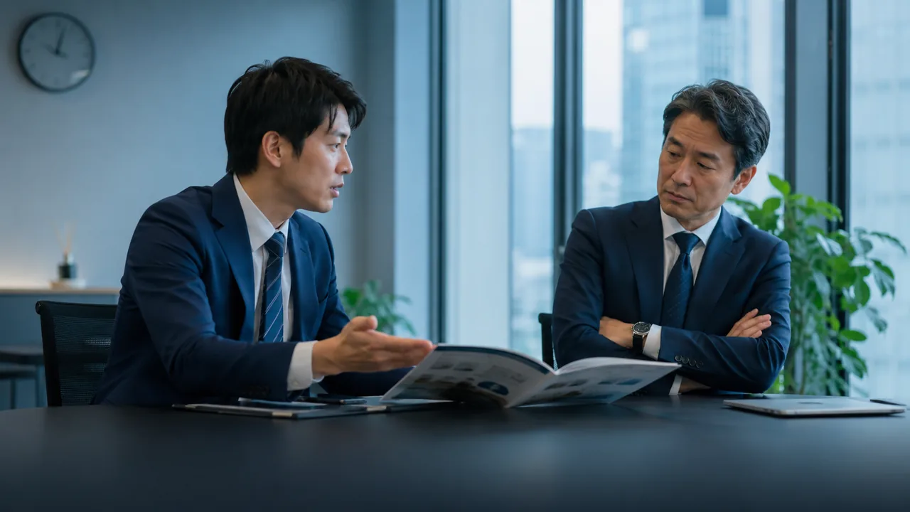 壁時計の前でパンフレットを使い基本説明を行う営業担当者