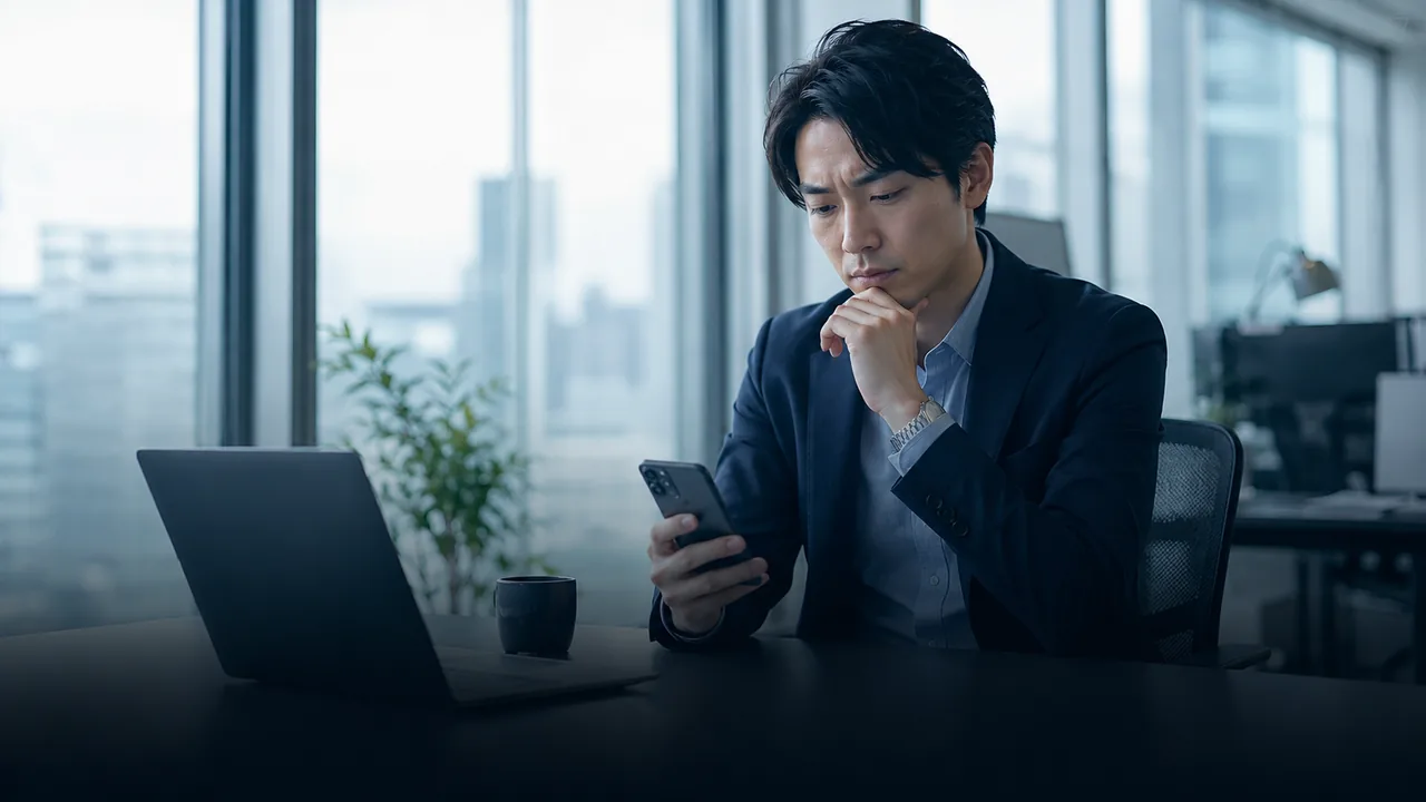 スマートフォンを見ながら追客のタイミングを迷う営業担当者