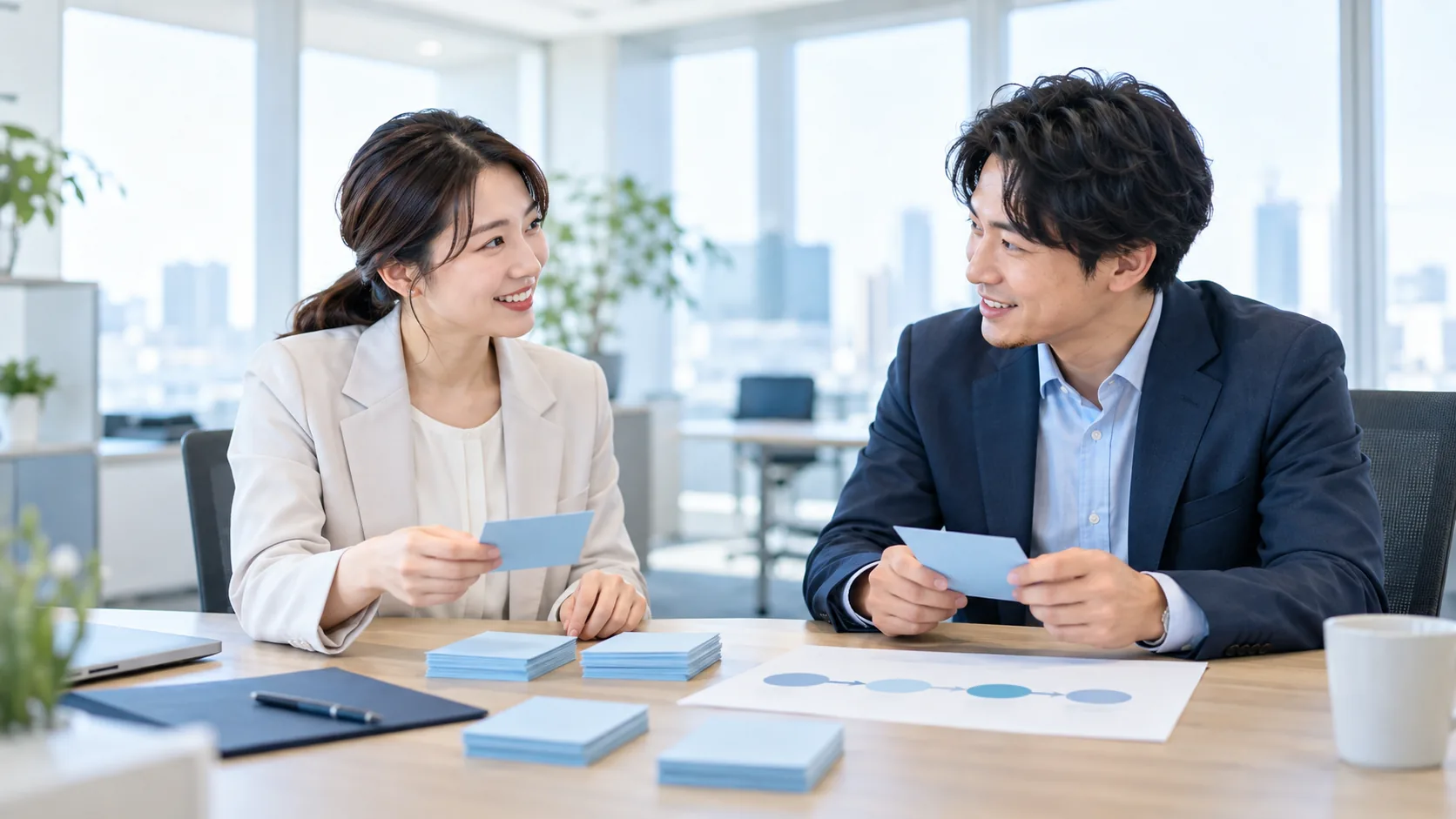 営業への引き継ぎ状況を確認する二人の担当者のイメージ(AI生成)